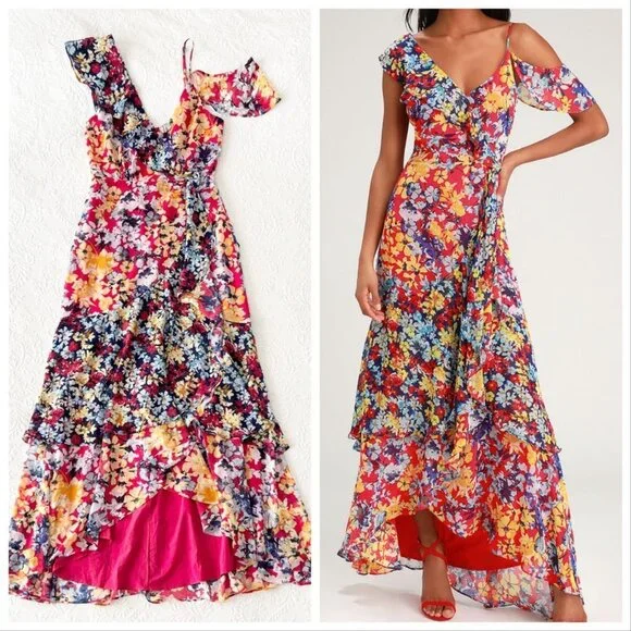 Lulus Radiant Ruby Red Floral Print Chiffon Maxi Dress Size L Worn Once - Picture 2 of 14